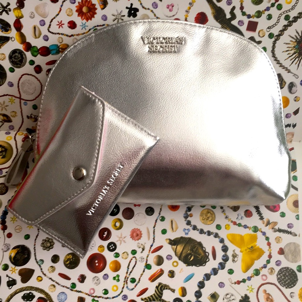 VS Makeup Cosmetic Bag + Mirror Pouch Silver New